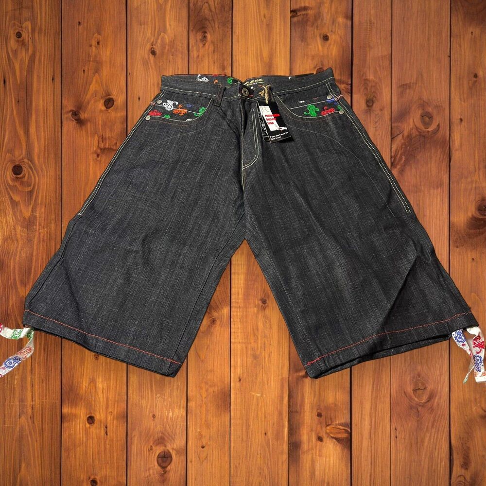 Vtg NWT Sz 36 Koman Denim Black Jeans Shorts Embellished Pockets Y2K Hip Hop
